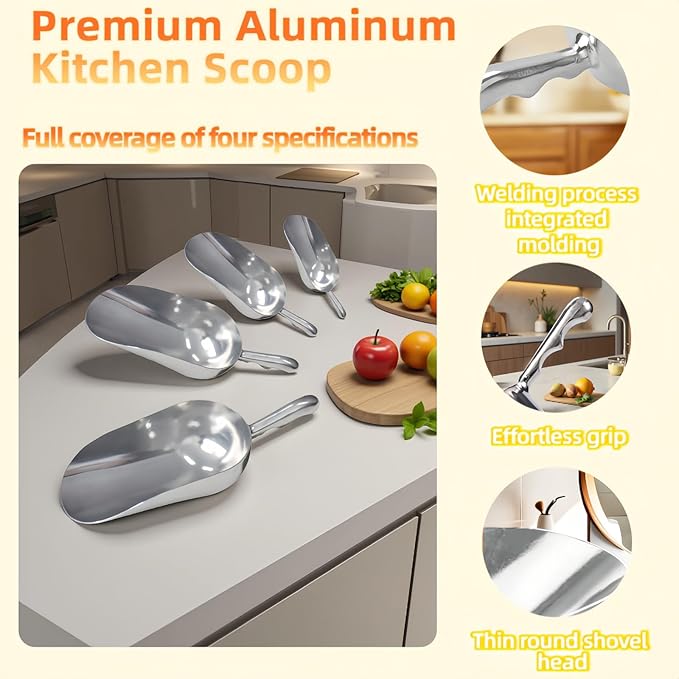 Ice Scoop, Heavy Duty Cast Aluminum, Ergonomic S-Curve Handle, Commercial Grade for Ice, Coffee, Popcorn, Flour, Sugar, Food-Grade & Rust-Proof Kitchen Tool (M (12oz))