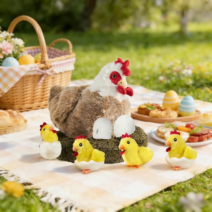 9 in 1 Chicken Stuffed Animal Set, Stuffed Chicken Plush Toy Egg Laying Hen with Zipper and Baby Chicks Plush Chickens, Eggs and Coop Chicken Toys for Kids Girls Boys Birthday Easter Stuffers Gifts