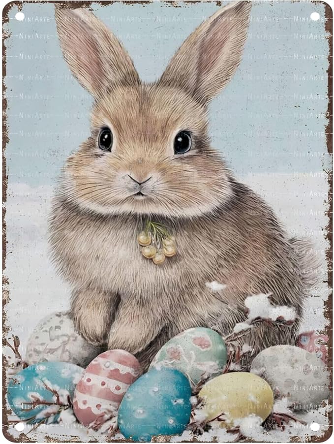 Easter Bunny Rabbit Metal Tin Sign Painting Rabbit Vintage Sign for Home Kitchen Cafe Rustic Easter Decorations Gifts 12X16Inch