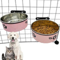 Dog Crate Food and Water Bowl 2Pcs Small Pet Hanging Kennel Removable Dish Feeding Cup with Holder for Medium Large Size Puppy Cat (Pink, 6.3''X2.5''&7.1‘’X2.7'')