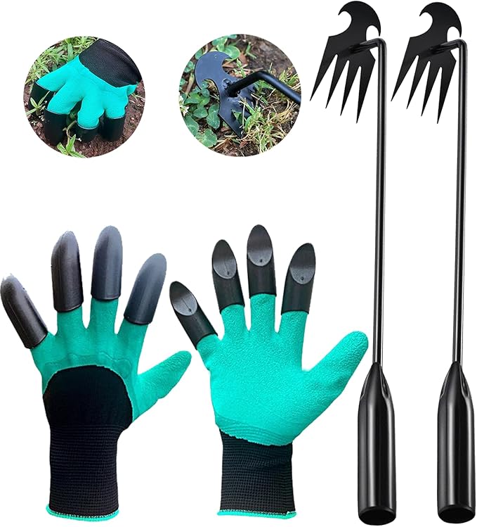 Stainless Weeding Artifact Uprooting Weeding Tool, Stainless Steel Forged Weed Puller 4 Teeth Dual Purpose Weeder, Standup Weed Root Pulling Tool and Picker for Backyard Farm Planting (Black 2Pcs)