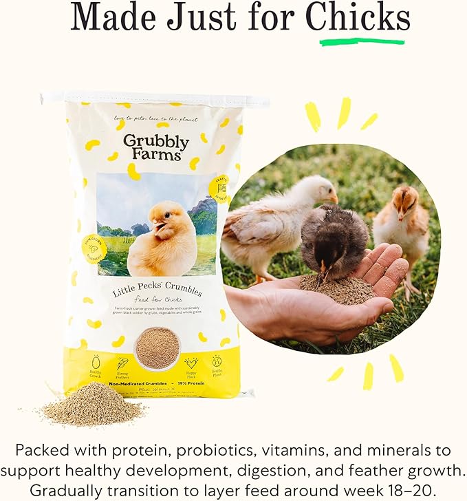 Grubbly Farms Little Pecks Starter Grower Feed – 19% Protein Chick Feed for Chicks, Ducklings, and Poults 0–20 Weeks – Made with Black Soldier Fly Grubs – No Soy, Corn, or Fish – 30 lb Bag