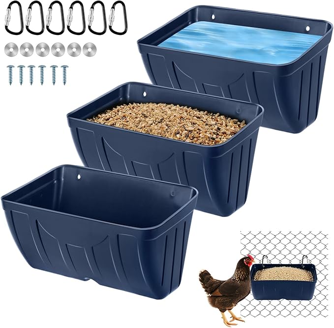 Chicken Feeder,Hanging Goat Feeders,Hanging Poultry Feeder for Sheep, Duck and Dog, Fence Feeder Trough Livestock Feeding Container, Chicken Coop Accessories, 3 Pack Blue Chicken Feeder Waterer