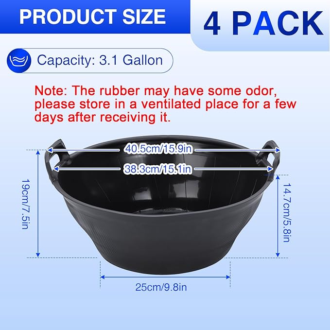 4Pcs Rubber Feed Pan, 3.1 Gallon Horse Feed Bucket Utility Feeder Bucket for Cats Dogs Goats Chicken Dust Bath Container Animal Feeding