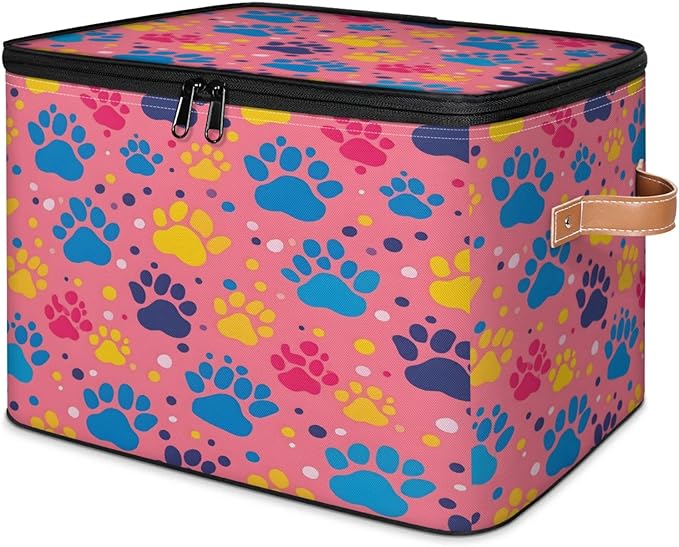 Storage Cubes with Lid Fabric Storage Bins Boxes PU Leather Handles, Dog Pet Paw Print Closet Organizer Container Foldable Washable Shelf Cloth Basket, Paw Print Colorful
