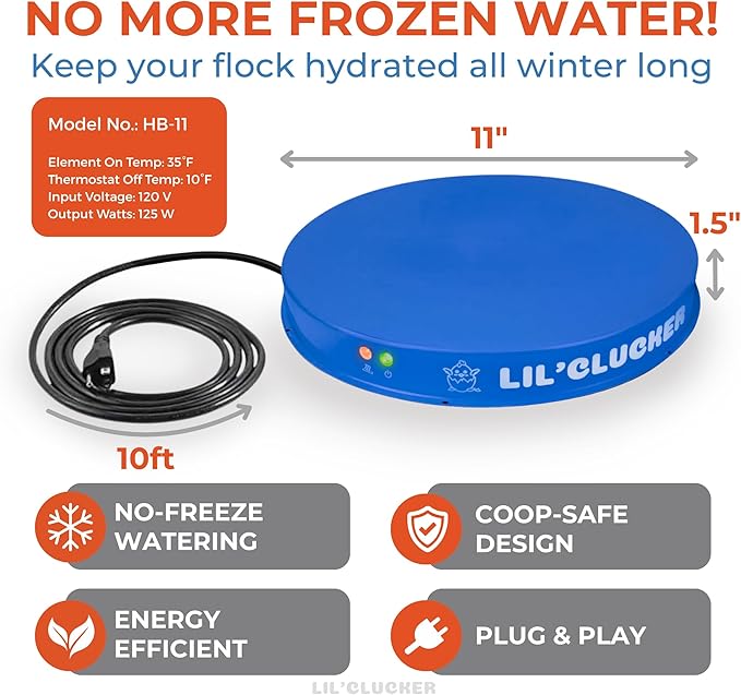 Lil'Clucker Heated Base for Chicken Waterer – Automatic Metal Freeze Proof Heated Chicken Waterer with Heater & LED – Poultry Heated Waterer for Winter (Blue, 11 Inch)