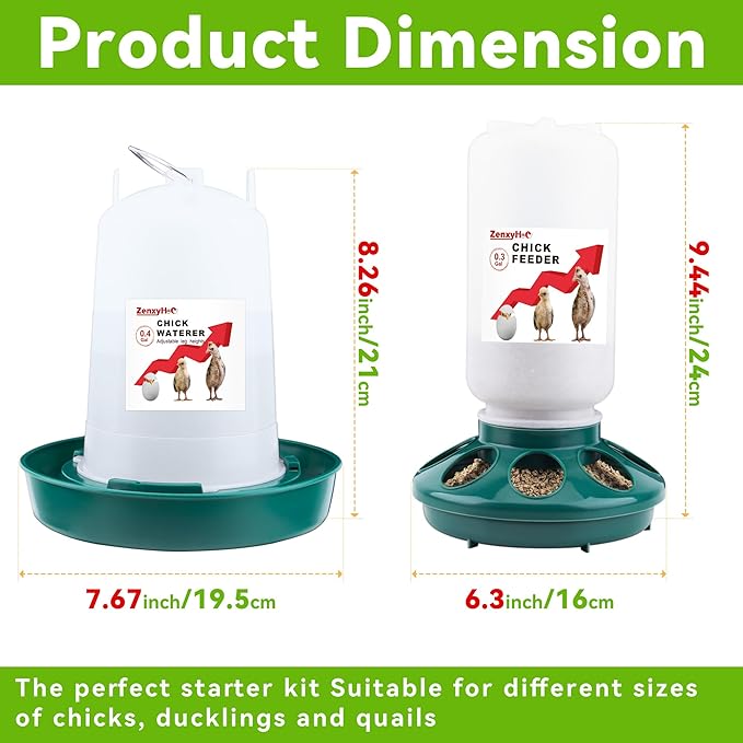 2-in-1 Chick Starter Set: 0.3 Gal Feeder & 0.4 Gal Waterer with Adjustable Legs for Baby Chicks, Hanging Hooks, Anti-Drown Design - BPA-Free Plastic (Green)