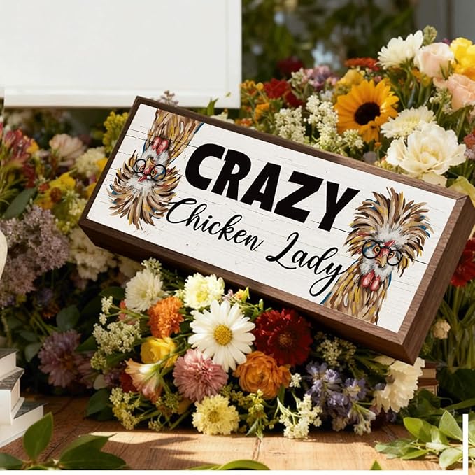 Funny Chicken Decors, Crazy Chicken Lady Sign, Hens Rooster Farm Decor, Chick Coop Sign, Rustic Framed Wooden Plaque, Farmhouse Home Decor 9.5x3.1x1 inches