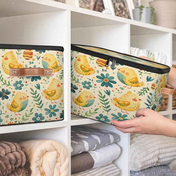 Storage Cubes with Lid Fabric Storage Bins Boxes PU Leather Handles, Farmhouse Chicken Closet Organizer Container Foldable Washable Shelf Cloth Basket, Vintage Farm Chicken