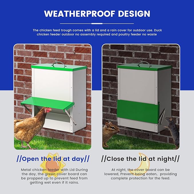 25lb Automatic Chicken Feeders Metal Poultry Feeder no Waste Large Chicken Coop Feeders with Lid Hanging Chicken Feeder Trough for Quail Chickens Ducks Feeder Outside Waterproof Chicken Feeder