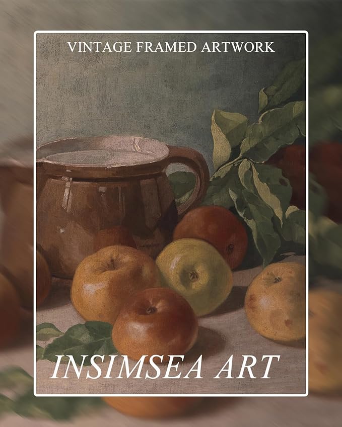 InSimSea Framed Canvas Wall Art Vintage Aesthetic Room Decor, Harvest Apples Still Life Oil Painting Artwork Abstract Wall Pictures Prints, Farmhouse Fruit Wall Decor Bedroom Kitchen 12x16in