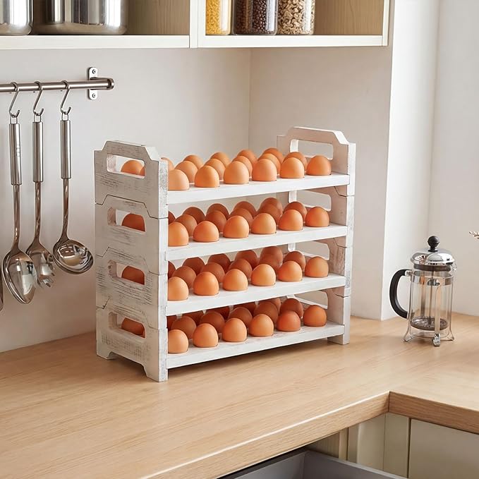 4 Tier Wooden Egg Holder for Countertop, Stackable Fresh Egg Storage Farmhouse Collecting Rack for Gathering Kitchen Organizer Duck Eggs Display, Stackable with 72 Eggs (White,Pine)