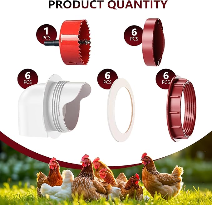 Poultry Feeder No-Waste Automatic Chicken Feeder (6 Ports) - DIY Kit with Hole Saw, Fits Buckets/Barrels/Bins/Troughs (with Covers)