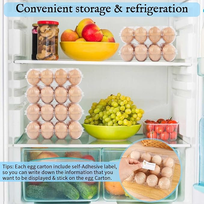 80 Packs Egg Cartons, Egg Cartons Cheap Bulk, Eggs 12 Count Clear Plastic Egg Containers for Chicken Farm, Reusable Egg Tray Holder for Refrigerator Storage, Family Market Camping with Sticker Labels