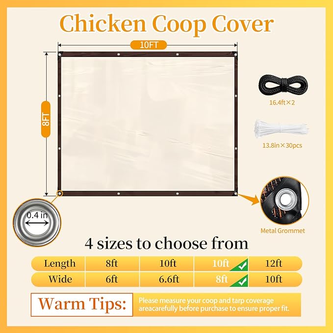 Chicken Coop Cover for Winter, Waterproof Clear Tarp with Metal Grommets, Rope & Cable Ties, Durable Easy Install Chicken Run Cover Winter Wrap, Insulated Poultry Supplies for Outdoor Patio Porch