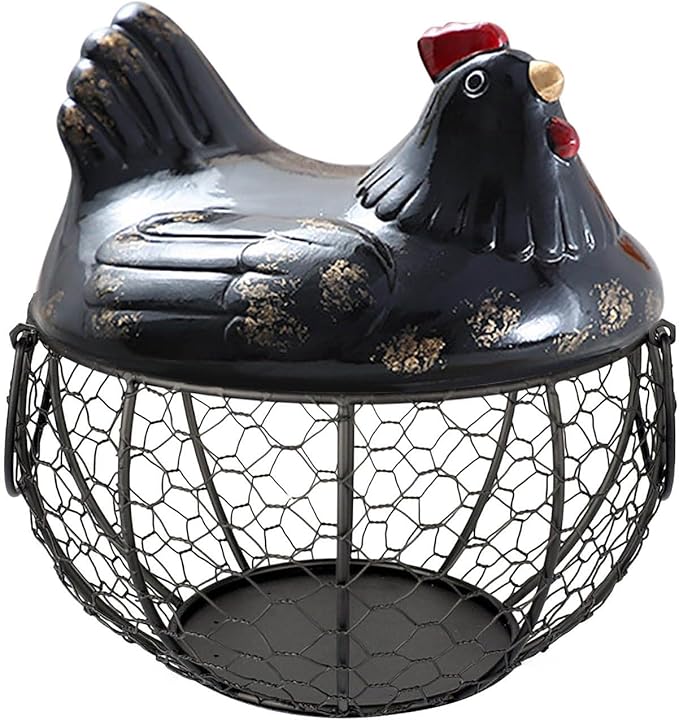 Egg Storage Organizer for Kitchen Countertop, Ceramic Chicken Lid with Wire Basket Dispenser, Black Chicken Egg Holder for Fresh Eggs, Rustics Egg Dispenser Rack for Farmhouse Decor (Black)