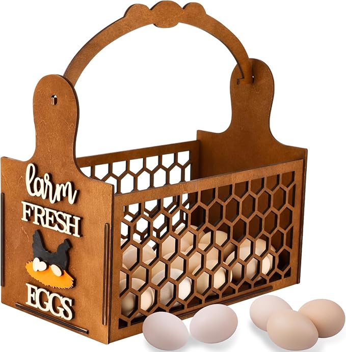 Rustic Farm Wooden Egg Holder & Basket with Honeycomb Design - For Kitchen Countertop, Farm Collection & Tabletop Serving, Fresh Chicken Egg Storage