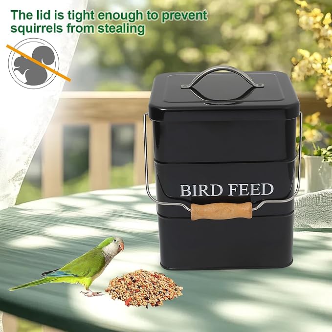 Bird Seed Storage Container Airtight,5~6LB Metal Bird Food Container with Scoop,Wild Birds Feed Tin for Storing Sunflower Seed-Ideal for Outdoor or Indoor-Squirrel proof -Black