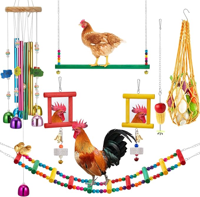 9 Pcs Chicken Toys for Coop, Wind Chime, Chicken Mirror Toys with Bells, Beak Grinding Stones Swing Vegetable Net Bag, Vegetable Fruits Hanging Fork for Hens Bird Parrot