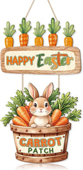 CHDITB Easter Bunny Wooden Door Hanger, Happy Easter Carrot Patch Wood Sign, Rustic Farmhouse Spring Wall Decor, Cute Rabbit Hanging Decoration, Holiday Front Porch Signs for Home Easter Party