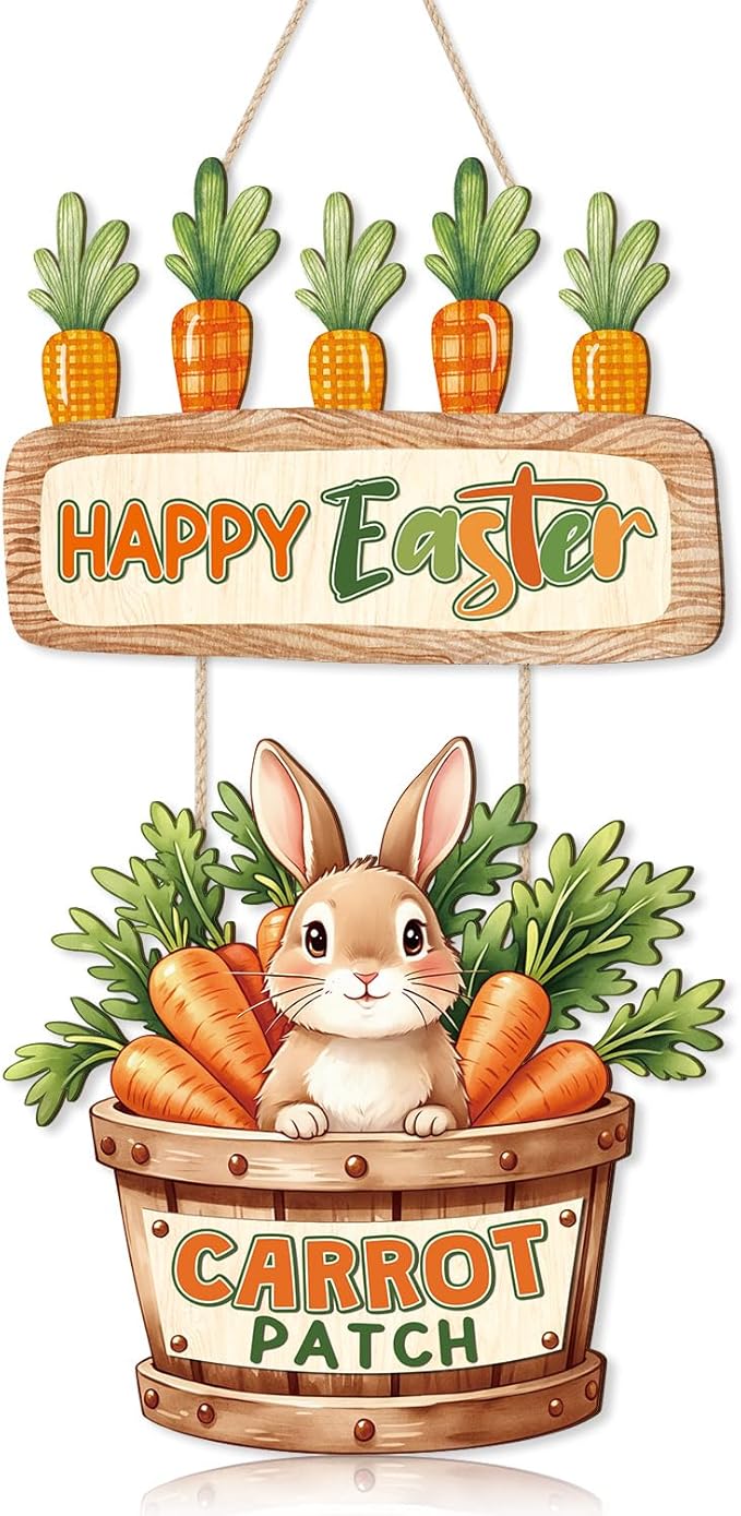 CHDITB Easter Bunny Wooden Door Hanger, Happy Easter Carrot Patch Wood Sign, Rustic Farmhouse Spring Wall Decor, Cute Rabbit Hanging Decoration, Holiday Front Porch Signs for Home Easter Party