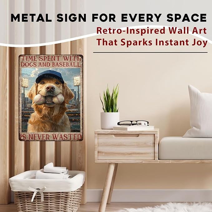 Baseball Fan Cave Wall Art Metal Tin Sign with Dogs Vintage Retro Plaque Rustic Decor for Sports Bar Game Room Basement 12x16inch