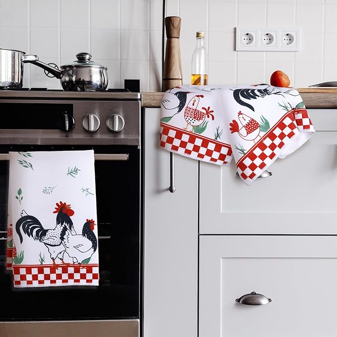 Geyoga 4 Pcs Chicken Kitchen Towels Rooster Dish Hand Towels Farm Animal Cow Vintage Rustic Tea Cloth for Spring Easter Bathroom Farmhouse Decor Gifts, 16 x 24 Inch(Red, Black, White,Farmhouse)