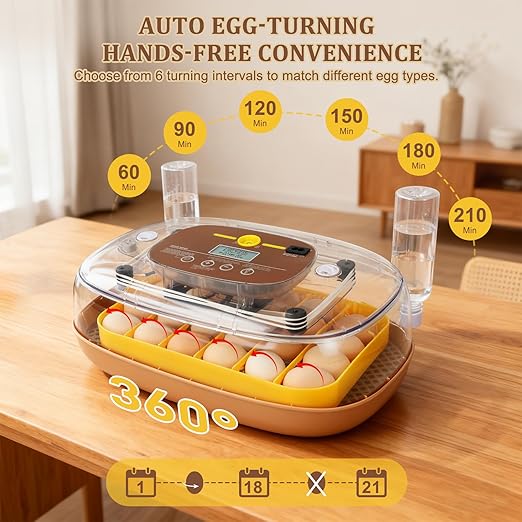 3rd Gen - 24 Egg Automatic Incubator, Stage-Based Adaptive Humidity with Auto-Refill, Stable Temp Control, Flexible Spacing, Adjustable Auto Turning & Lockdown, Custom Incubation Days, Candler, Alarm