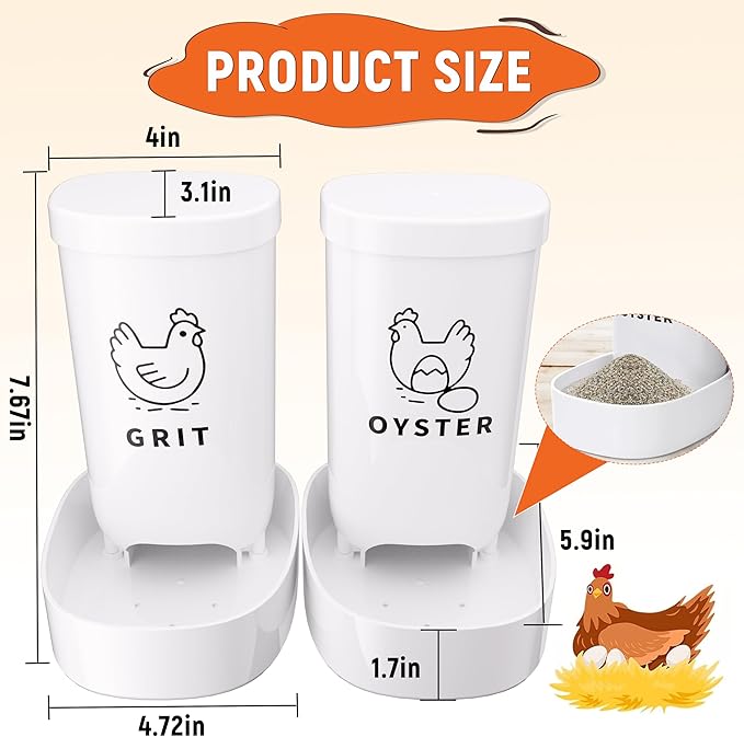 Chicken Grit and Oyster Shell Feeder, 2 Pack No Waste Hanging Chicken Feeder Combo, Waterproof ABS Automatic Gravity Poultry Feeder with Lid Rounded Edges, Coop Accessories for Healthier Hens and Eggs