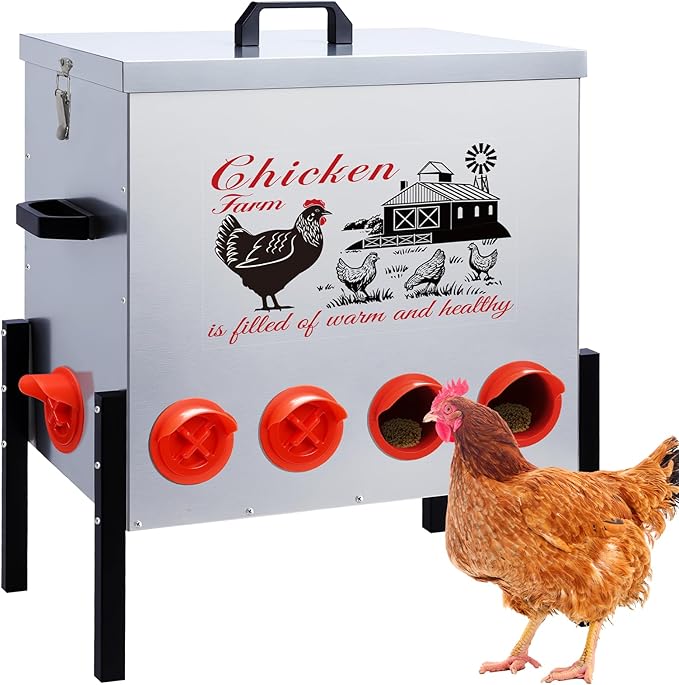 100LB Large Automatic Chicken Feeder–10 Feeding Ports No-Waste Galvanized Metal Chicken Feeder with Adjustable Legs & Locking Lid Poultry Feeder for Chickens,Geese,Ducks,Waterproof