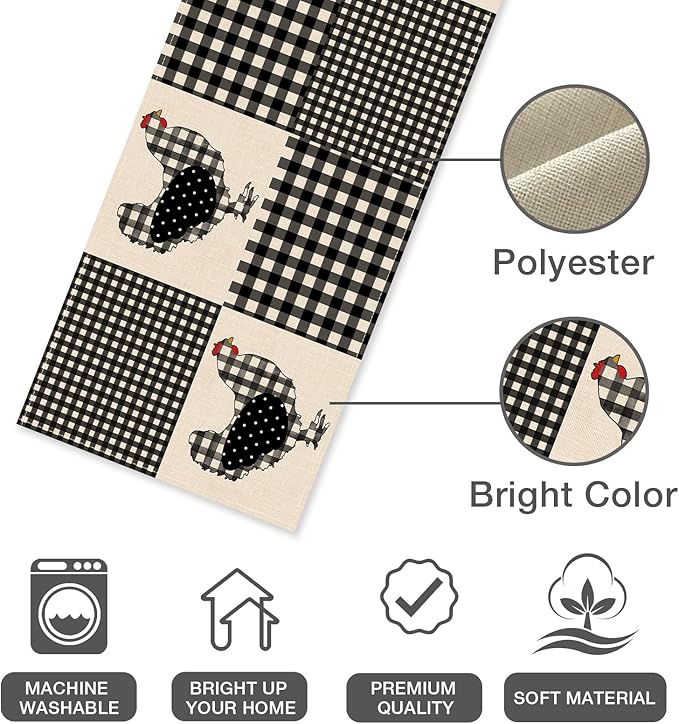 Seliem Farm Animal Chicken Hen Black White Buffalo Plaid Check Table Runner, Farmhouse Chick Home Kitchen Holiday Spring Summer Decor, Easter Country Rustic Burlap Dining Decoration Party Supply 13x48