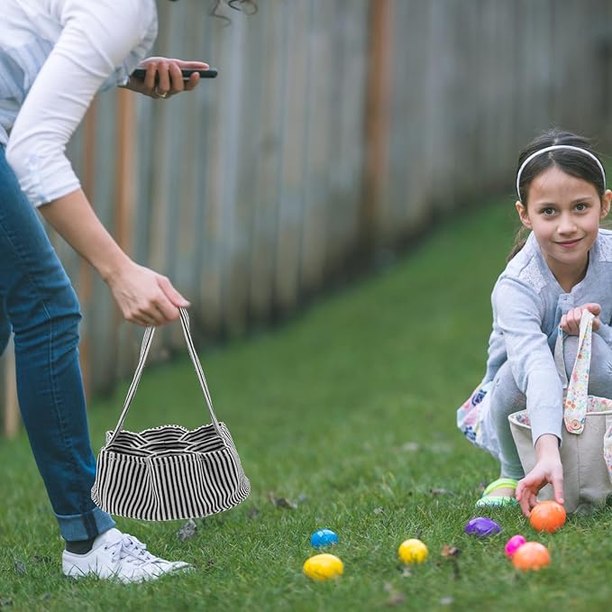 Housoutil Egg Collecting Basket with 7 Canvas Pouches Chicken Egg Holder Bag Farmhouse Storage for Hen Duck Black and White Stripe Design for Garden and Home Use