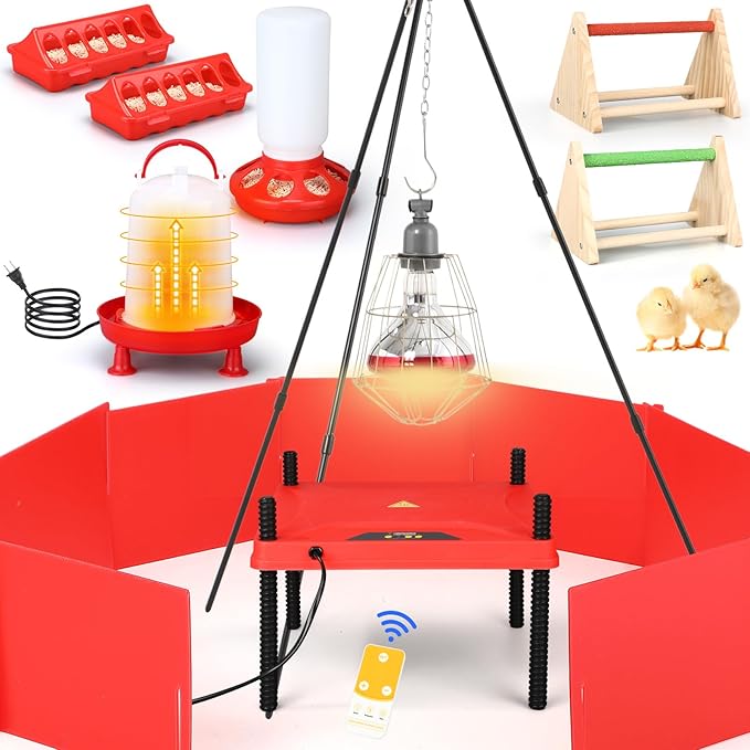 9 Pack Winter Chicken Brooder Box Starter with Heating Plate and 75w Heat Lamp, 0.8 Gallon Heated Chicken Waterer Fountain with Perch Set, 2.9 Lbs Flip Top Poultry Feeder for Coop Chick