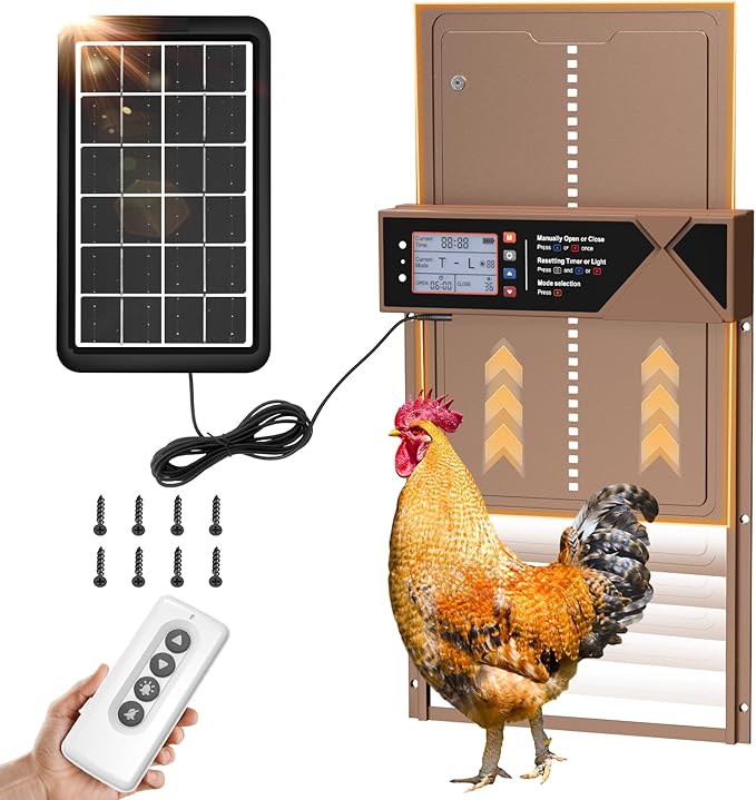 Automatic Chicken Coop Door, 4 Modes LCD Display Chicken Coop Door Solar Powered with Timer & Light Sensor, Aluminum Alloy Automatic Chicken Door with Anti-Pinch, IPX4 Waterproof