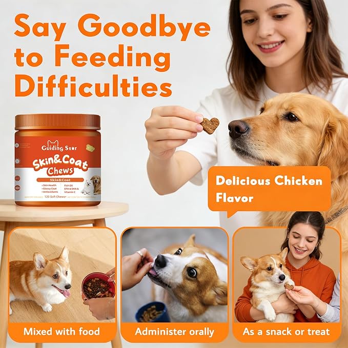 Dog Skin and Coat Supplement, Omega 3 Fish Oil with EPA & DHA, Supports Healthy Skin, Shiny Coat & Reduces Excessive Shedding for All Ages & Breeds Tasty Chicken Flavor