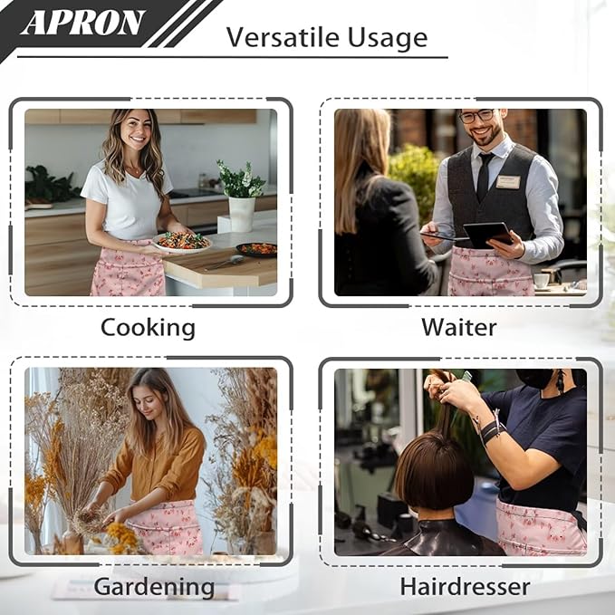 Waistress Apron with Pockets Coffee Waiter Apron Long String Chef Half Aprons for Cooking Kitchen Hairdresser