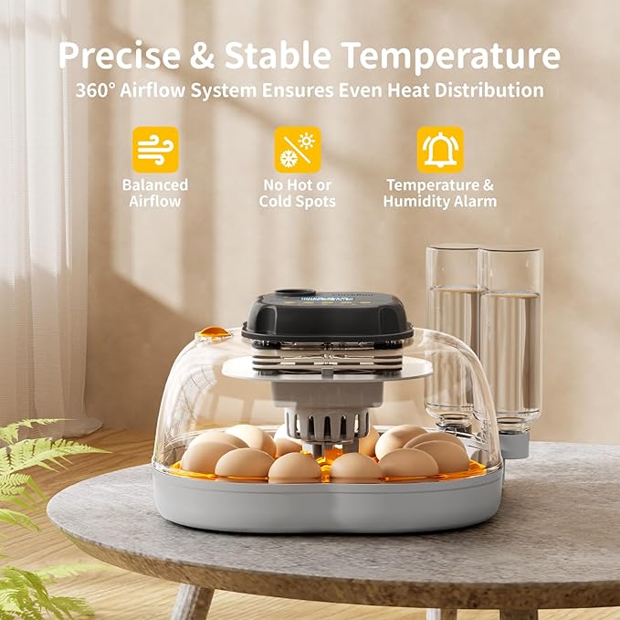 Chicken & Quail Egg Incubator, Dual Egg Trays, Automatic Egg Turning with Auto Stop, Humidity Control, Adjustable Incubation Day & Period, Automatic Water Refill, Egg Candler, Air Vent, Clear View