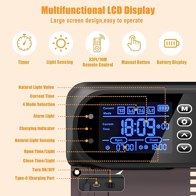 Automatic Chicken Coop Door Solar Powered, LCD Screen Electric Auto Chicken Coop Door with Timer & Light Sensor, Aluminum Rechargeable Automatic Chicken Door Opener with Remote Control & 4 Modes