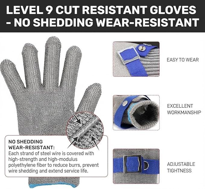 ANSI A9 Cut Resistant Glove,Stainless Steel Mesh Metal Glove,Food Grade for Kitchen Cooking, Butcher Meat Cutting, Oyster Shucking, Mandoline, Fishing,L,1pcs