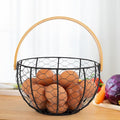 Farmhouse Wire Egg Basket for Gathering Fresh Eggs with Wooden Handle, Vintage Style Metal Egg Collecting Basket Countertop Storage Container Holder for Kitchen Decor and Fruit Bin (Black)