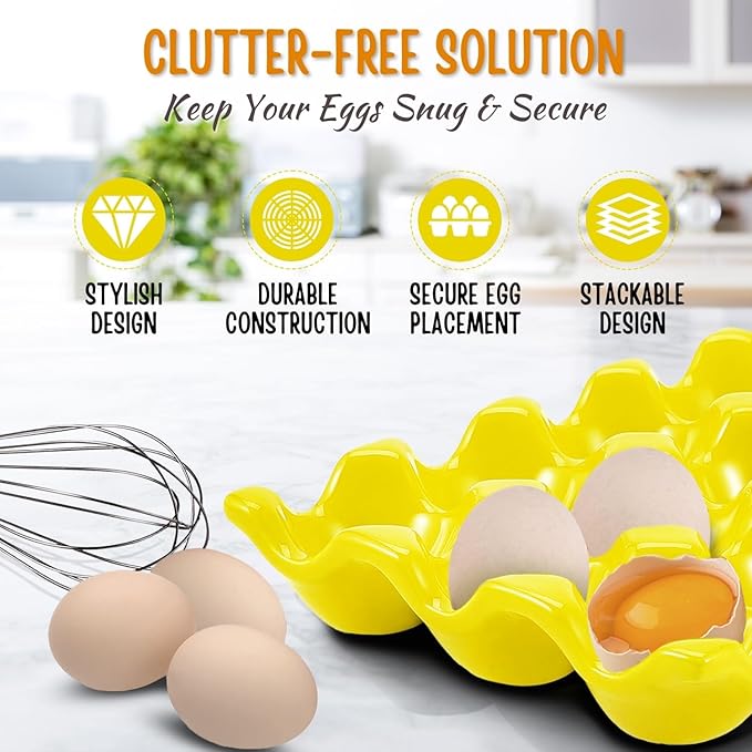 Flexzion 12 + 6 Cups Ceramic Egg Holder for Fridge - 18 Porcelain Egg Tray Container Keeper Storage Organizer Decorative Serving Stand Serveware for Refrigerator Countertop Display Kitchen (Yellow)