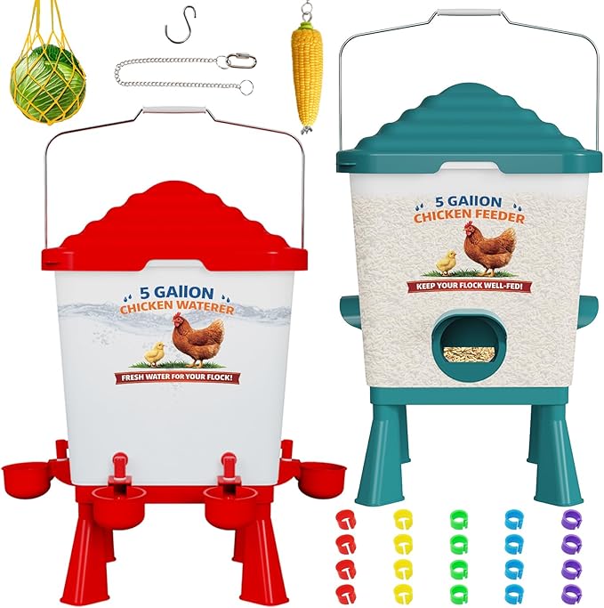 Chicken Feeder and Waterer Set, 5 Gallon Automatic Chicken Waterer with Cups, 40LB Large Chickens Feeders No Waste, Chicken Coop Accessories, Poultry Feeder & Chicken Watering System for Ducks, Quails