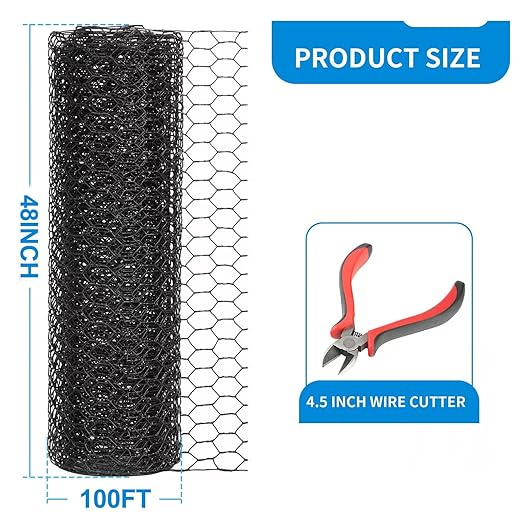 1/2 Inch Black Wire Mesh Roll - 48'' x 100' Chicken Wire Fence, 20 Gauge Hardware Cloth Poultry Netting for Garden/Animal Barrier/Rabbit/Floral/Chicken Coop/DIY Projects