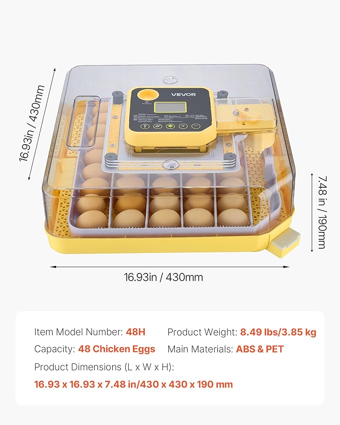 VEVOR 48 Egg Incubator, Automatic Egg Turner with LED Candler, Temperature Display & Auto Humidity Control, 360° View Clear Window, Poultry Eggs Incubator for Hatching Chicks Ducks Goose Quail