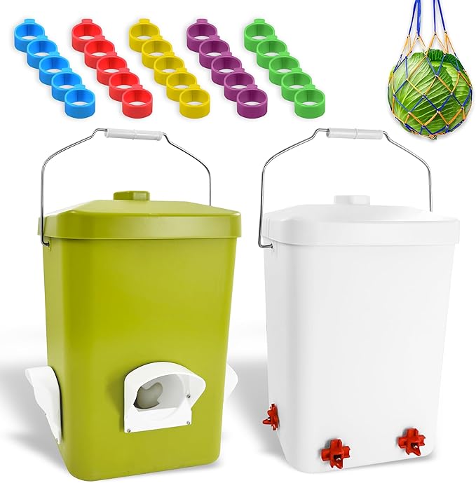 Automatic Chicken Feeder and Waterer Set 3 Gallon/25 Pounds No Waste Poultry Feeder Rain Proof Large Chicken Feeders Chicken Coop Accessories (Grass Green and White)