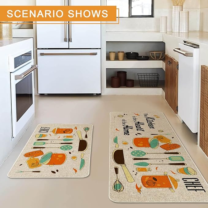 The Kitchen is The Heart of The Home Kitchen Mats Set of 2, Non-Slip Rubber Back Kitchen Rugs, Seasonal Holiday Cooking Sets Washable Floor Mat for Home Kitchen Decor - 17x29 and 17x47 Inch