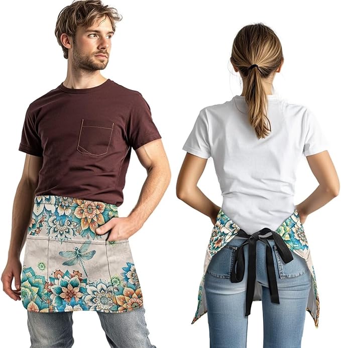 Waist Apron with 3 Pockets Waterproof 13 Inch Short Half Waist Aprons Women Men Server Aprons Waitress Waiter Apron