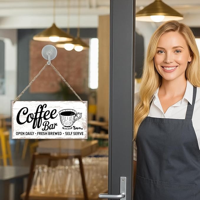 Coffee Bar Decor Sign, Fresh Brewed Coffee Bar Open Daily Self Serve, Hanging Decors for Kitchen Wall, Vintage Kitchen Decor, Cafe Decoration with Rope Hanging 12 x 6 Inches