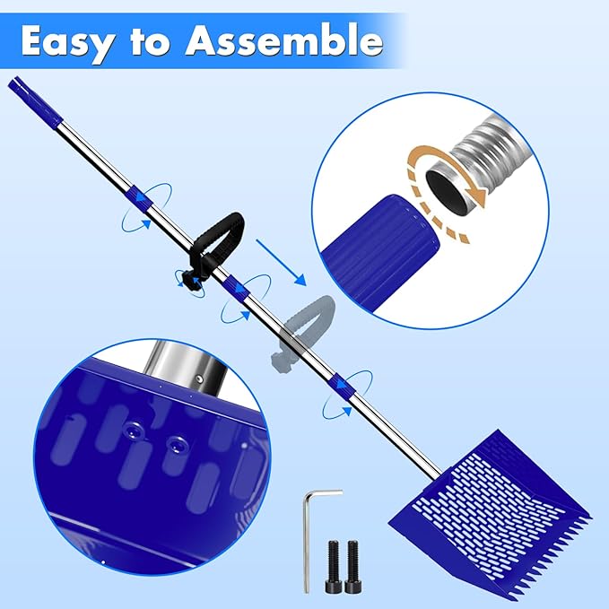 2-in-1 Chicken Poop Scooper & Rake, 12" Wide 63" Long Large Metal Chicken Coop Scooper for Sand with Ergonomic Grip, Heavy Duty Sifting Shovel Rake for Beach, Farm, Garden & Yard Waste (Blue)
