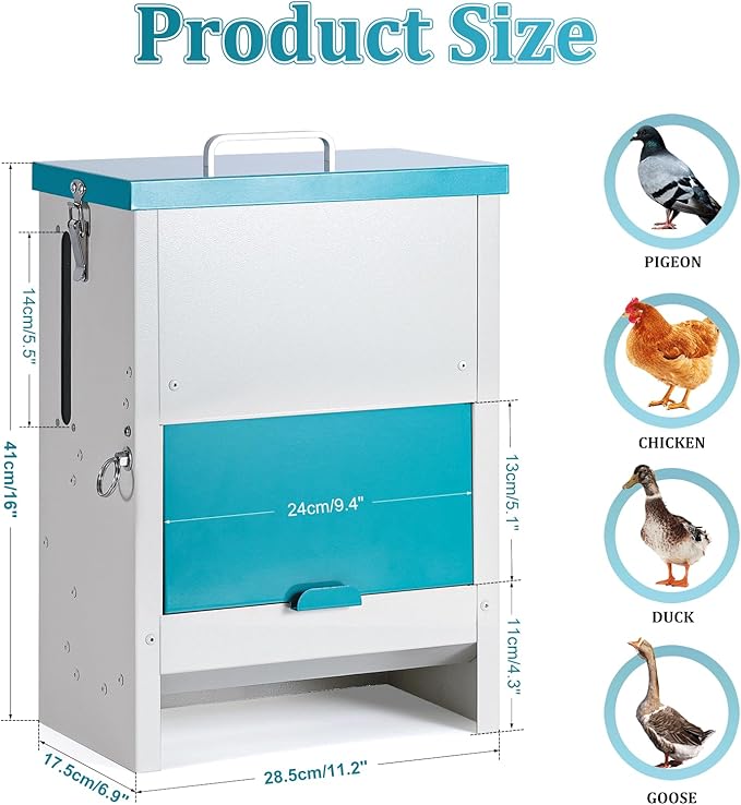 10L Automatic Chicken Feeder Metal No Waste Poultry Feeder Gravity Fed Self Feeding Large Chicken Food Dispenser with Lockable Lid and Rain Cover